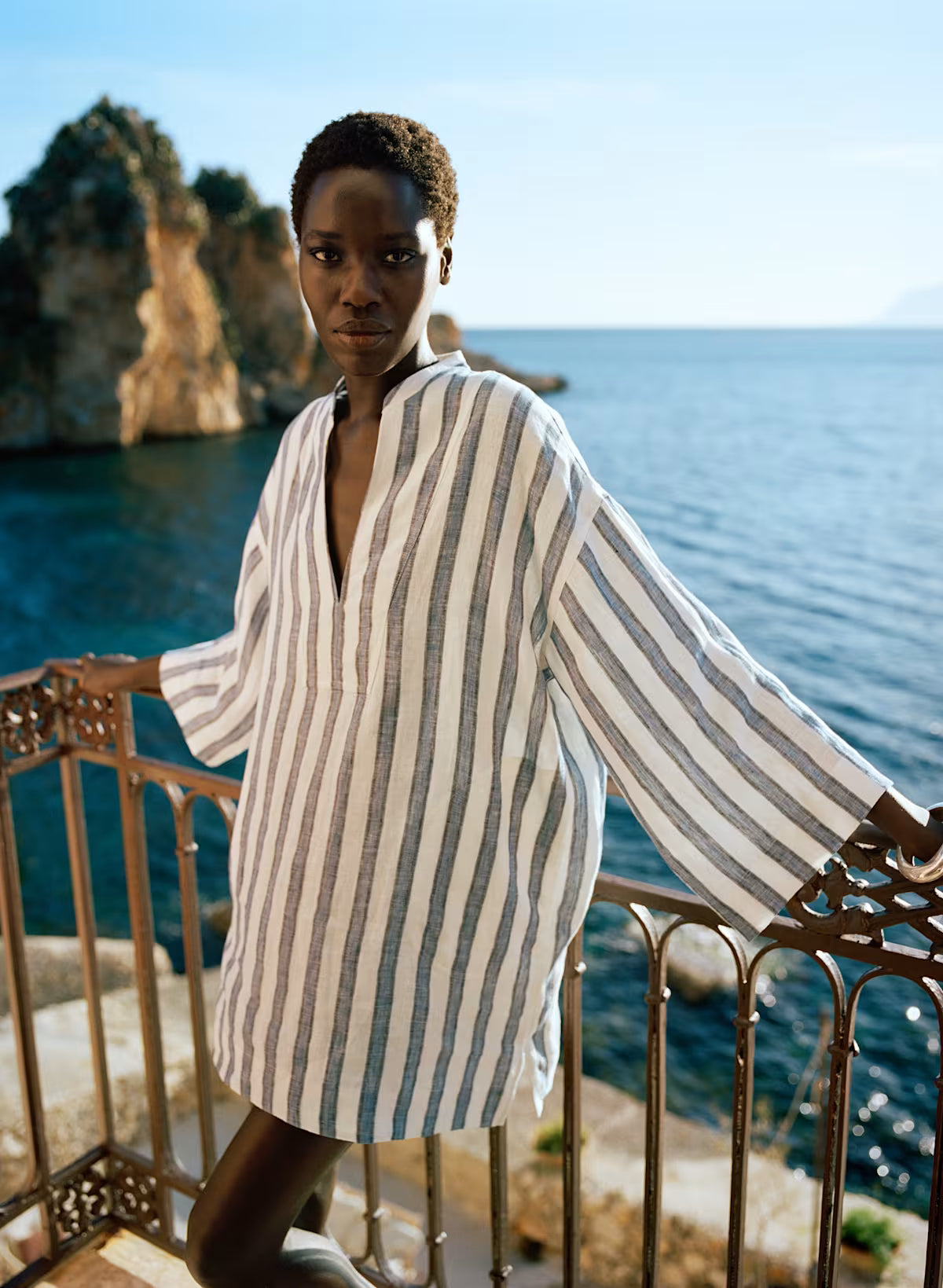 Striped linen mini kaftan dress