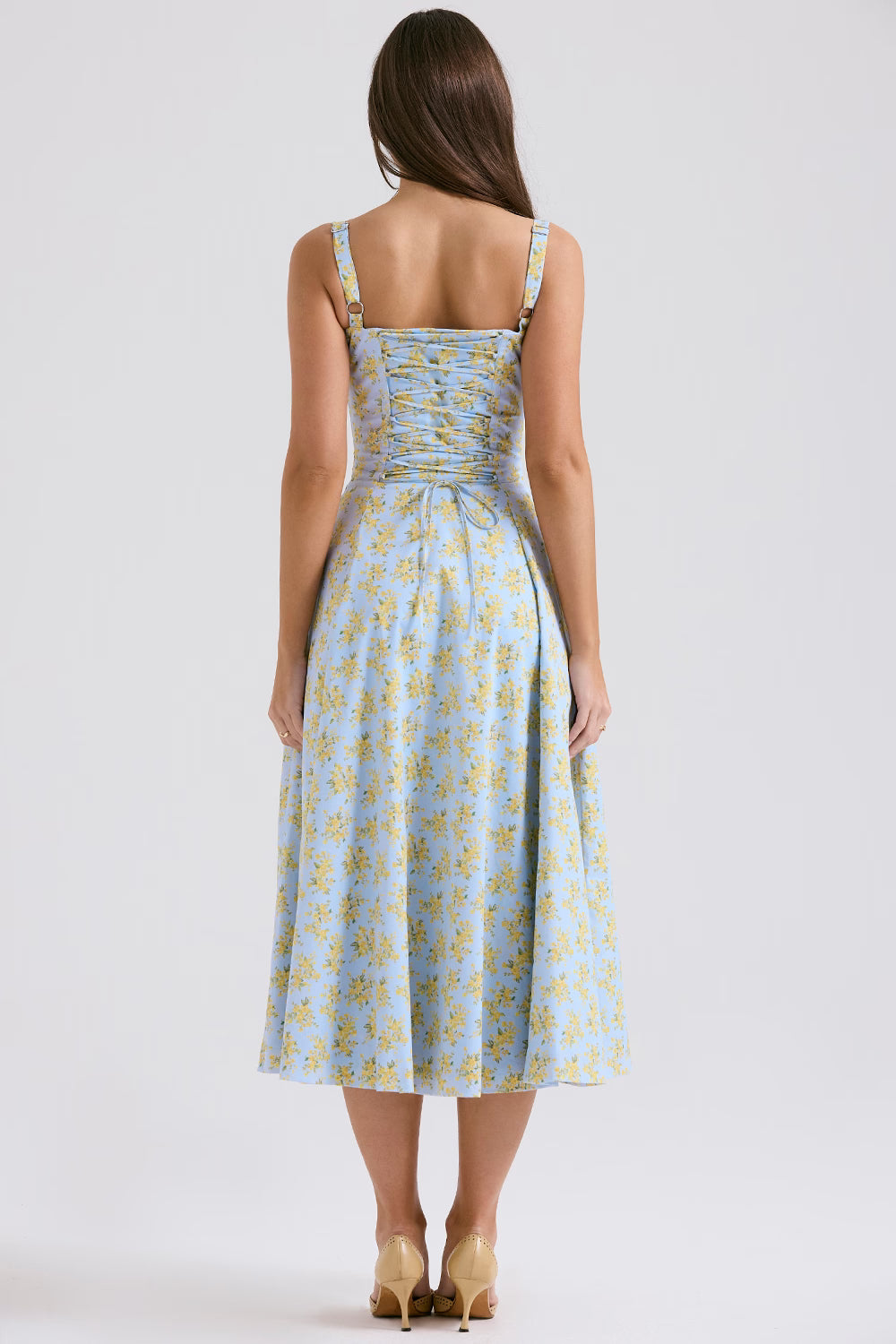 soft blue vintage floral print cotton bustier sundress