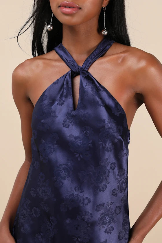 Got the Key Navy Satin Floral Jacquard Halter Mini Dress