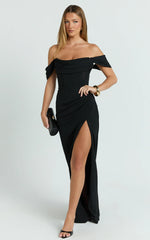 Off Shoulder Corset High Split Dress in Black