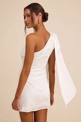 Jayda White Satin Jacquard One-Shoulder Sash Mini Dress