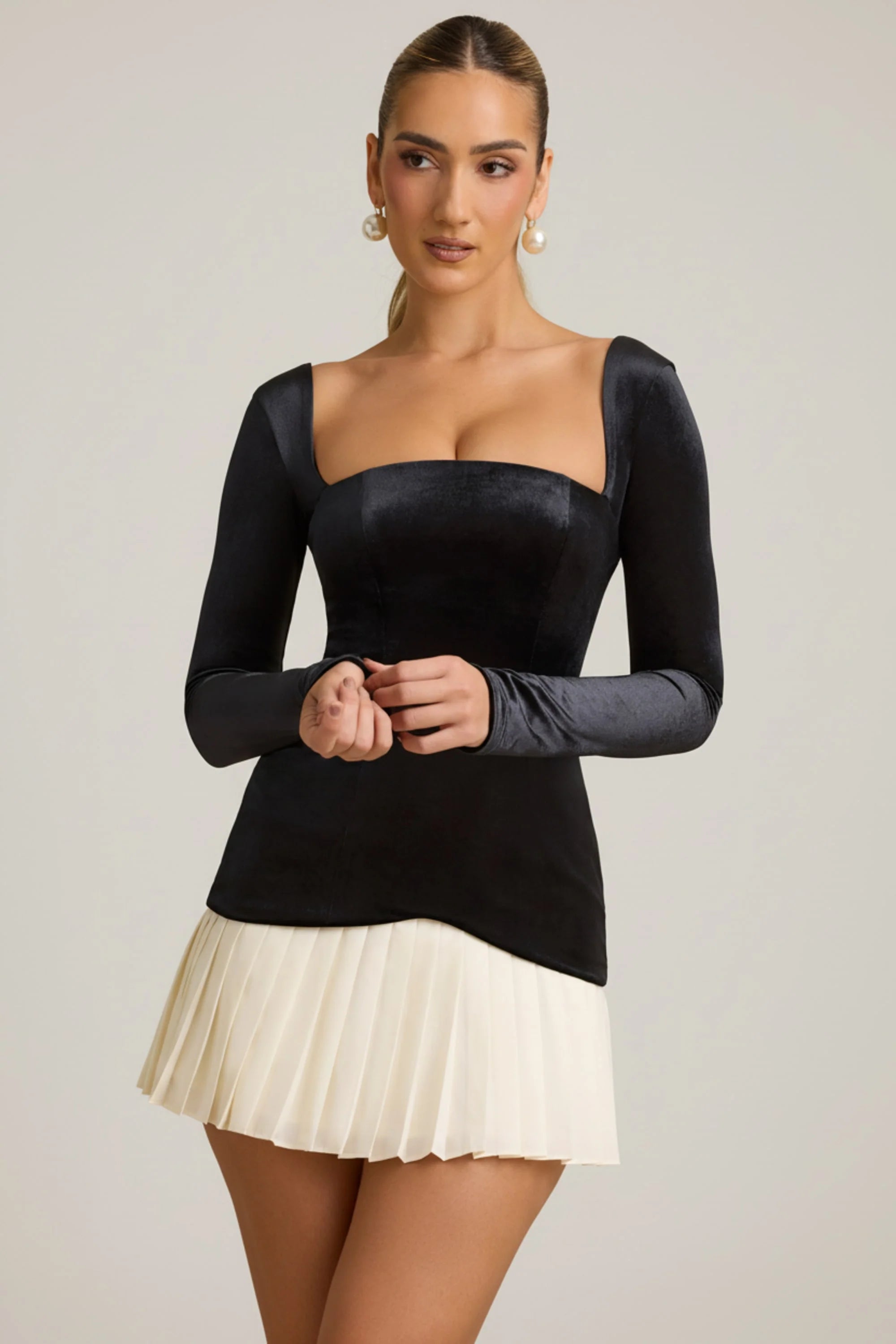 Layered Pleated Corset Mini Dress in Black