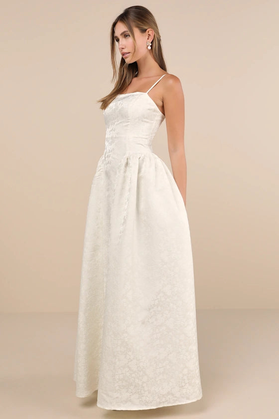 Gorgeous Extravagance Ivory Floral Jacquard Maxi Dress