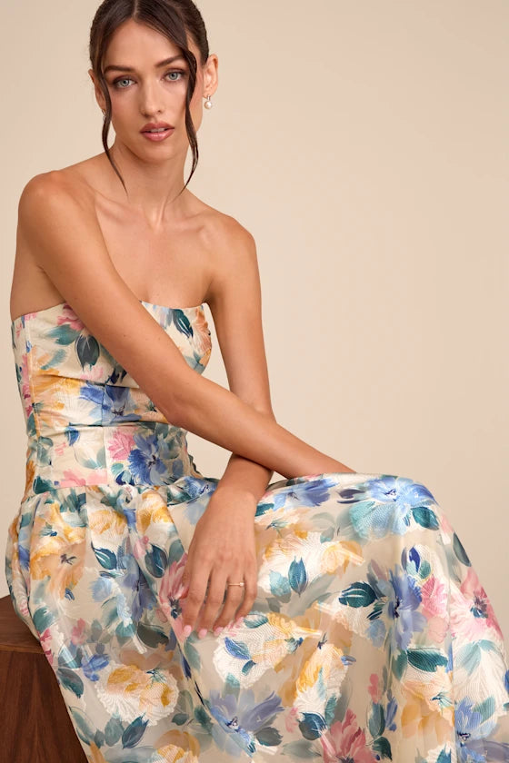 Mikayla Beige Multi Floral Jacquard Maxi Dress
