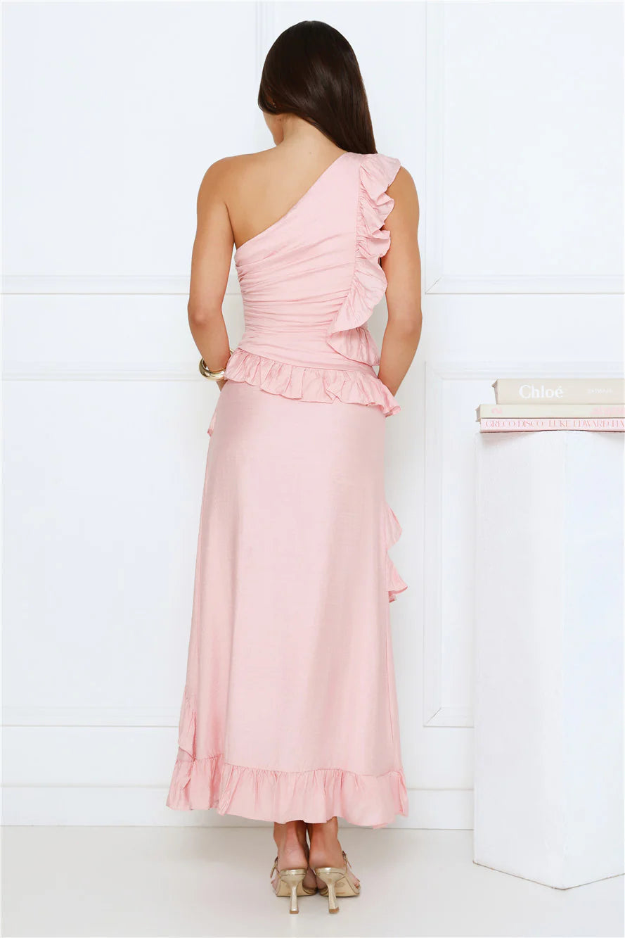 Moonlit Thoughts One Shoulder Maxi Dress Pink