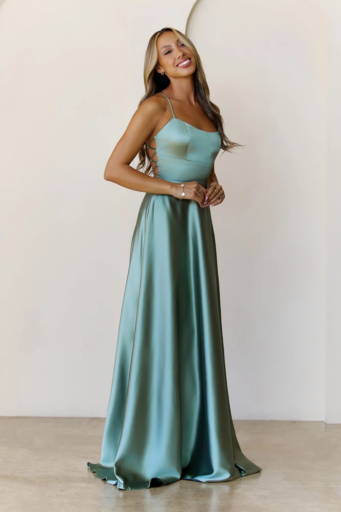 Soaked In Beauty Satin Maxi Dress Sage