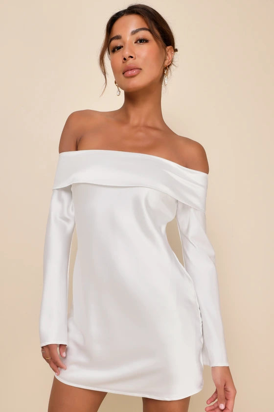Luxurious Vision White Satin Off-the-Shoulder Mini Dress