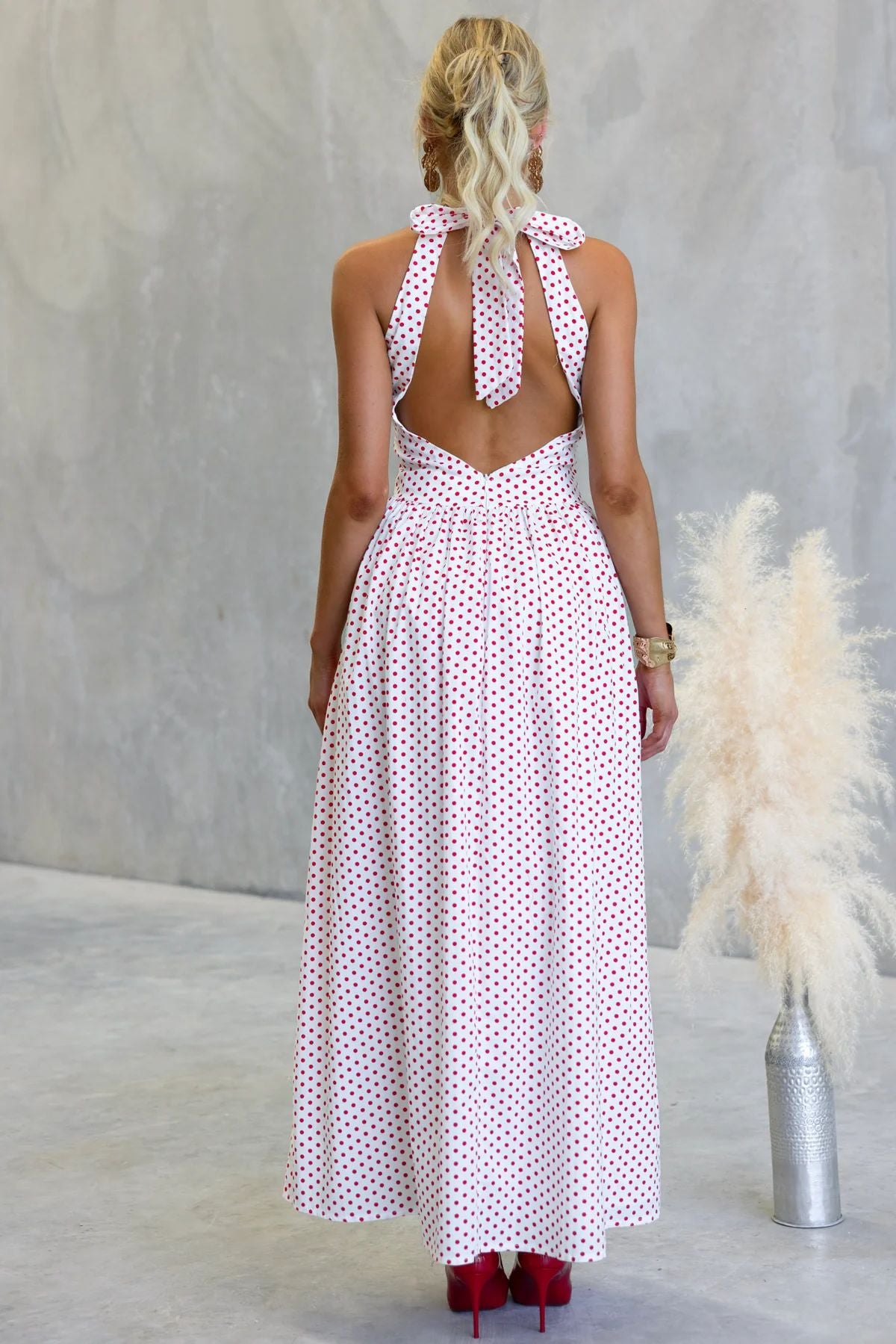 Polka Dot Print Halter Neck Fitted Waist Holiday Maxi Dress