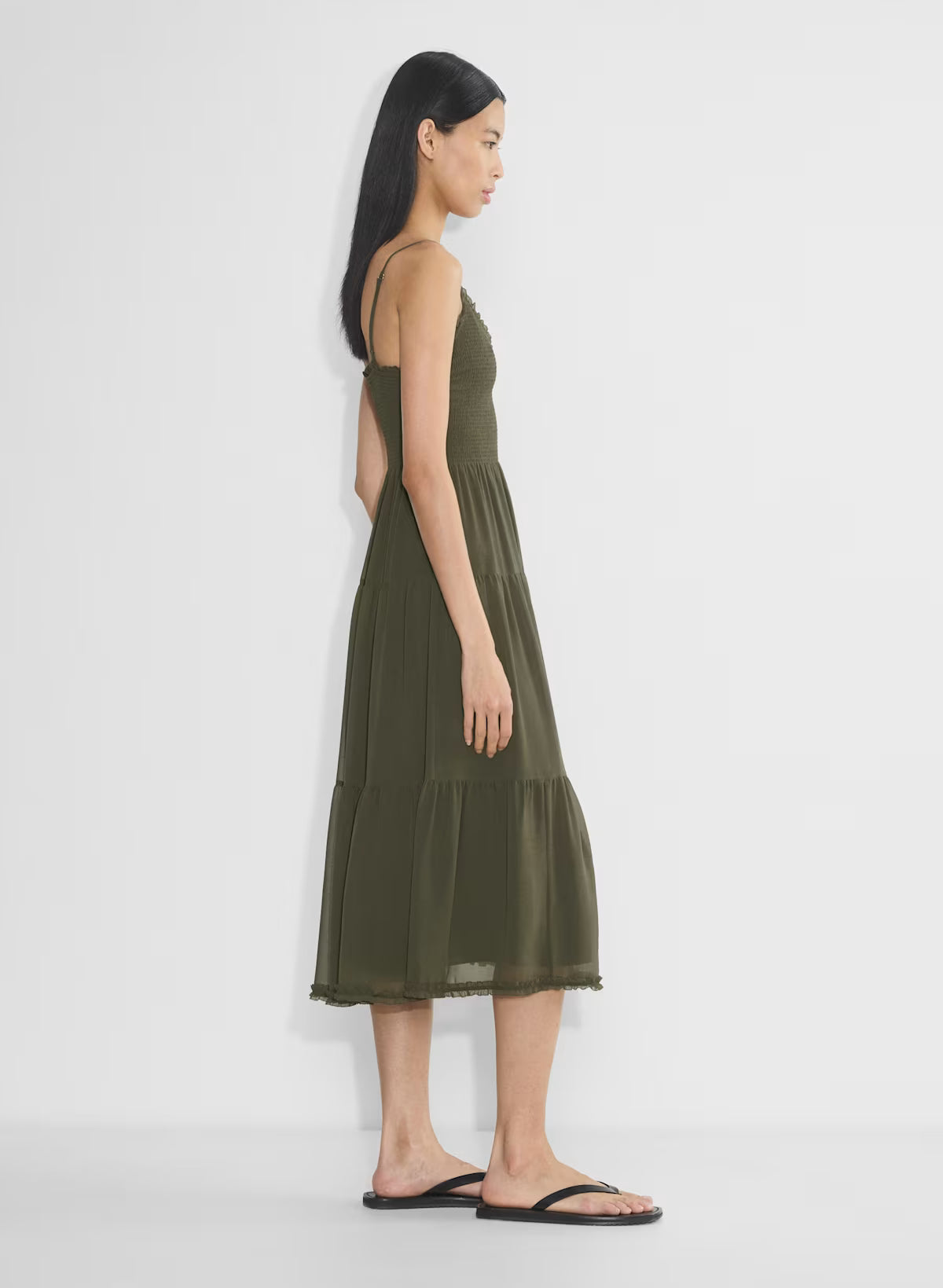 Chiffon tiered V-neck midi dress— dark olive