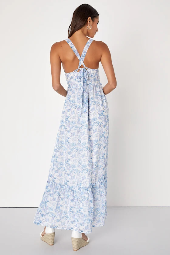 My Love Story White Floral Print Tie-Back Maxi Dress