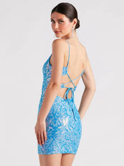 Women Blue Embellished Sequined Bodycon Mini Dress