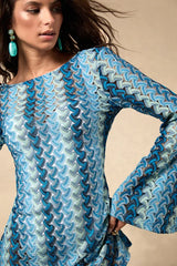 Valestra Blue Striped Crochet Long Sleeve Swim Cover-Up Dress