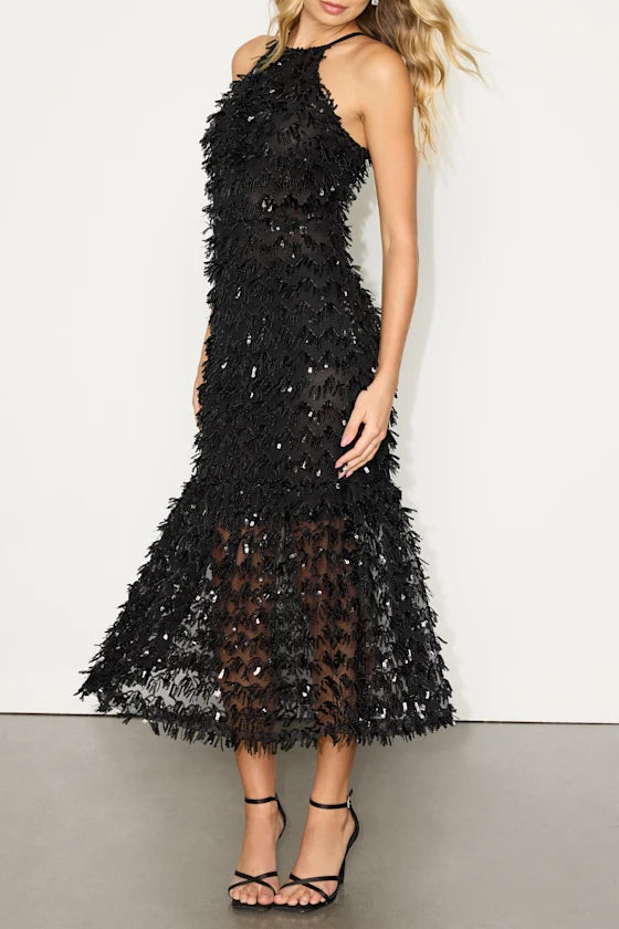Fallon Black Sequin Halter Midi Dress