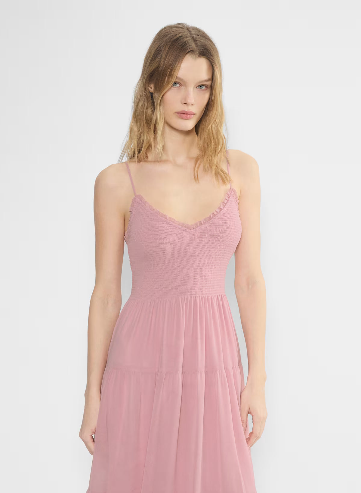 Chiffon tiered V-neck midi dress— tart pink