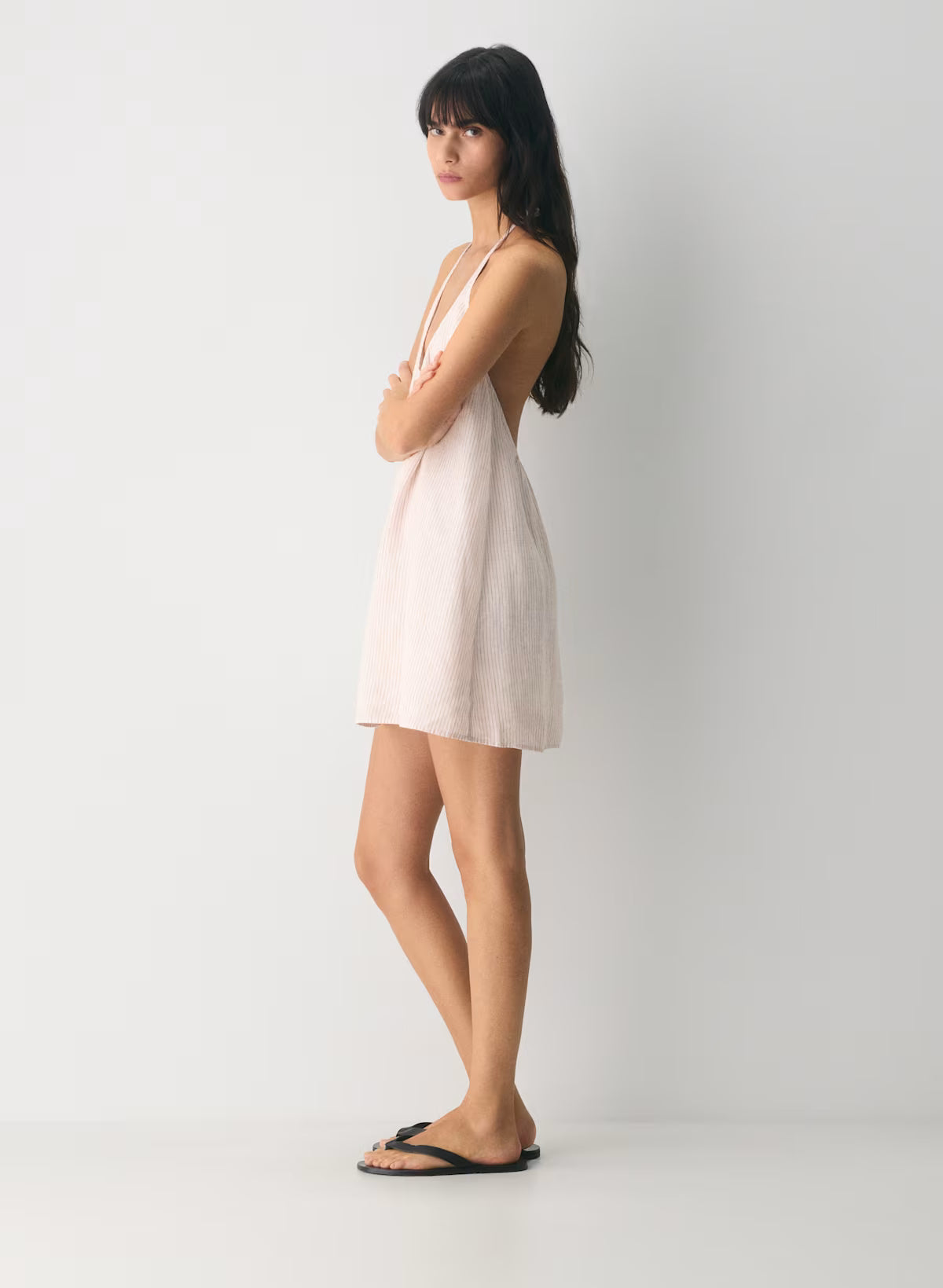 Striped linen micro halter dress