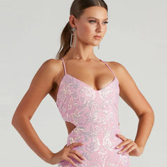 Women's Sparkly Sequins Bodycon Mini Dress Spaghetti Straps Floral Glitter Party Dress