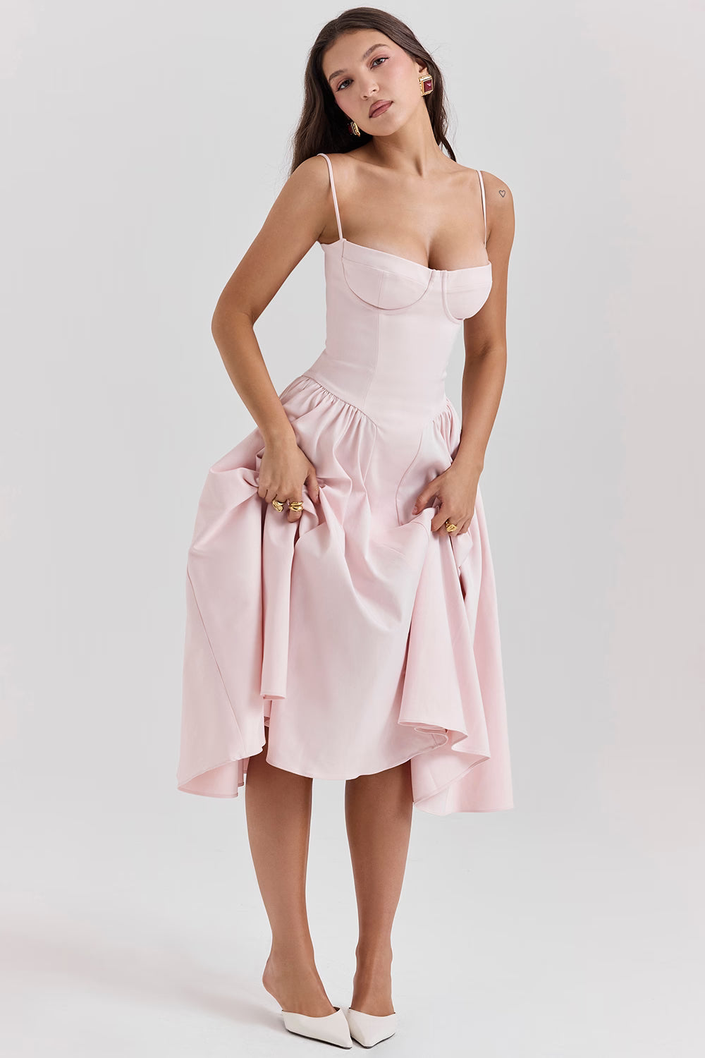 ballerina pink twill corset midi dress