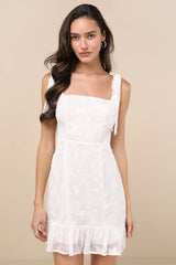 No One Prettier White Floral Embroidered Tie-Strap Mini Dress