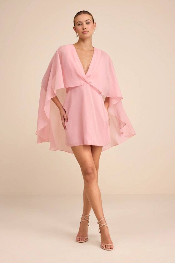 Jolia Light Pink Cape V-Neck Mini Dress