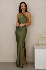 The Delilah Satin Halter Maxi Dress Olive