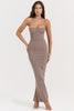 taupe strapless corset maxi dress
