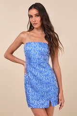 Bubbly Beauty Blue Jacquard Strapless Bustier Mini Dress