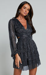 Elaine Mini Dress - Long Sleeve Tiered Plisse Dress in Gunmetal