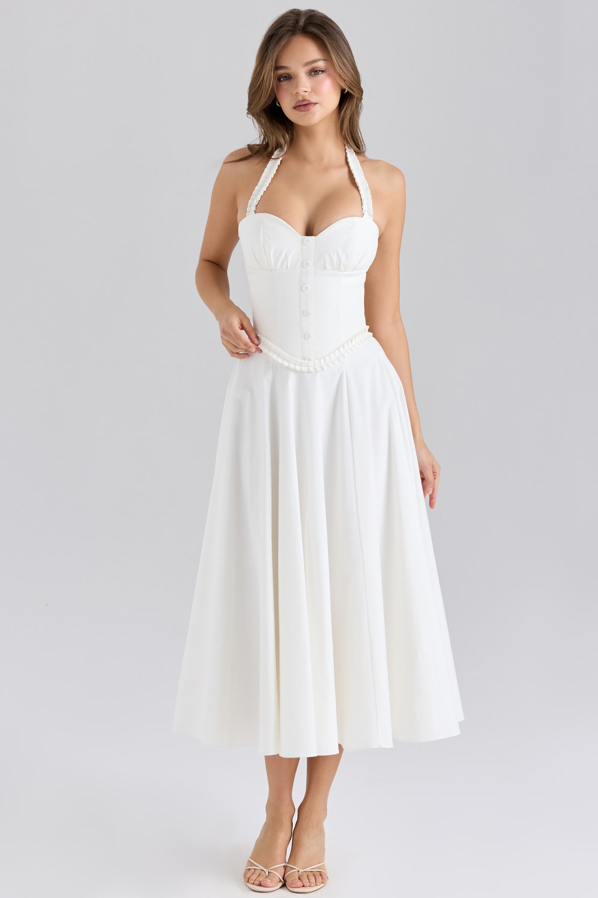 white stretch cotton halter neck midi dress
