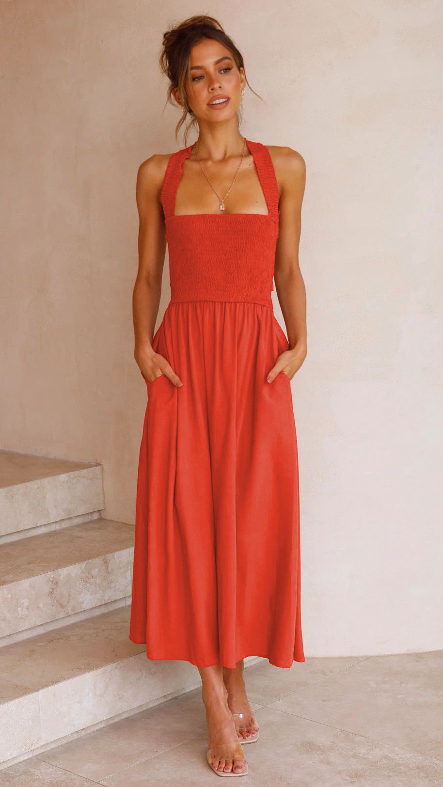 Casual Red Cotton A-Line Midi Dress