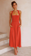 Casual Red Cotton A-Line Midi Dress