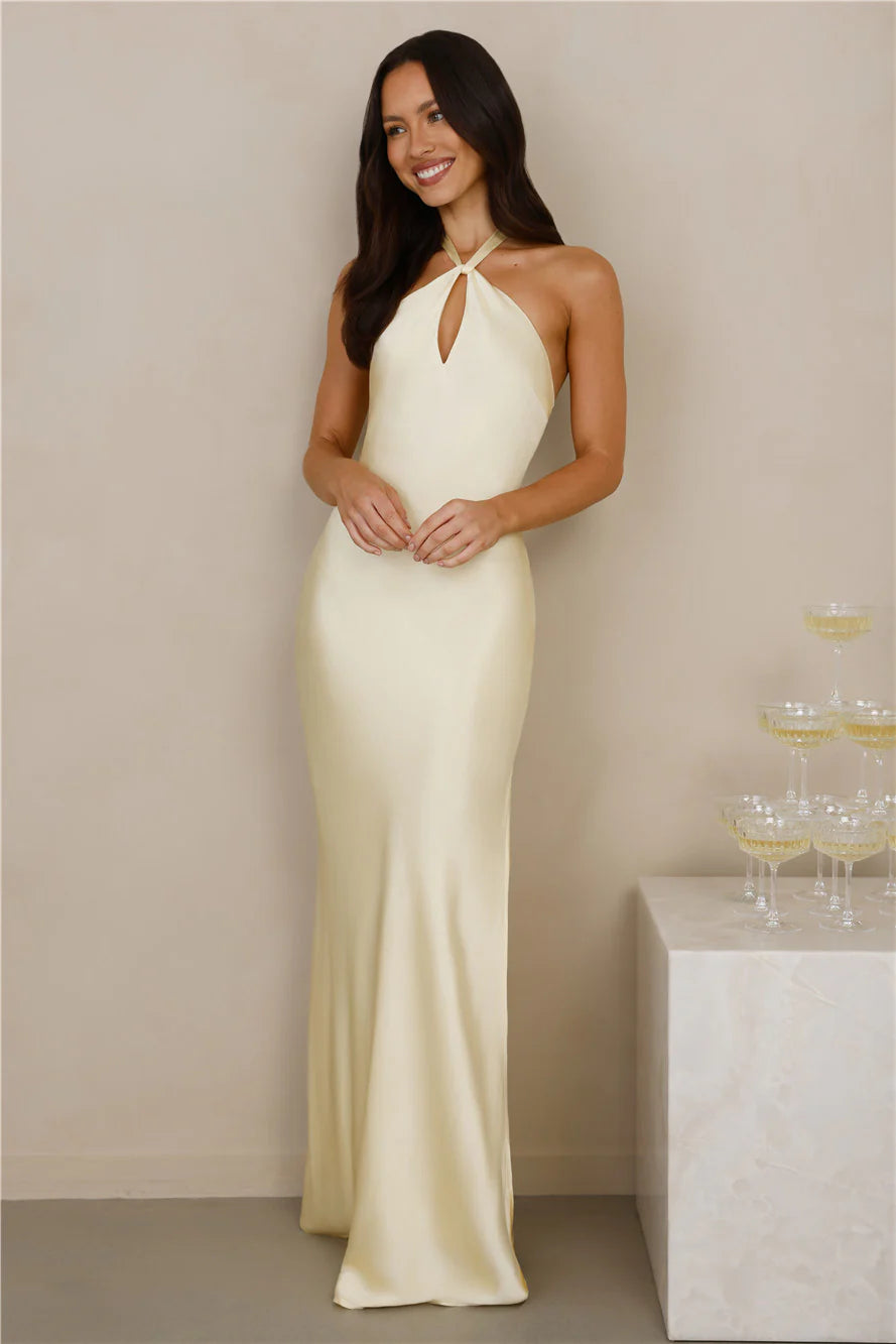 The Delilah Satin Halter Maxi Dress Yellow