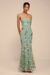 Stefanie Dark Sage Floral Embroidered Mermaid Maxi Dress