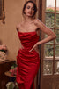 scarlet satin strapless gown