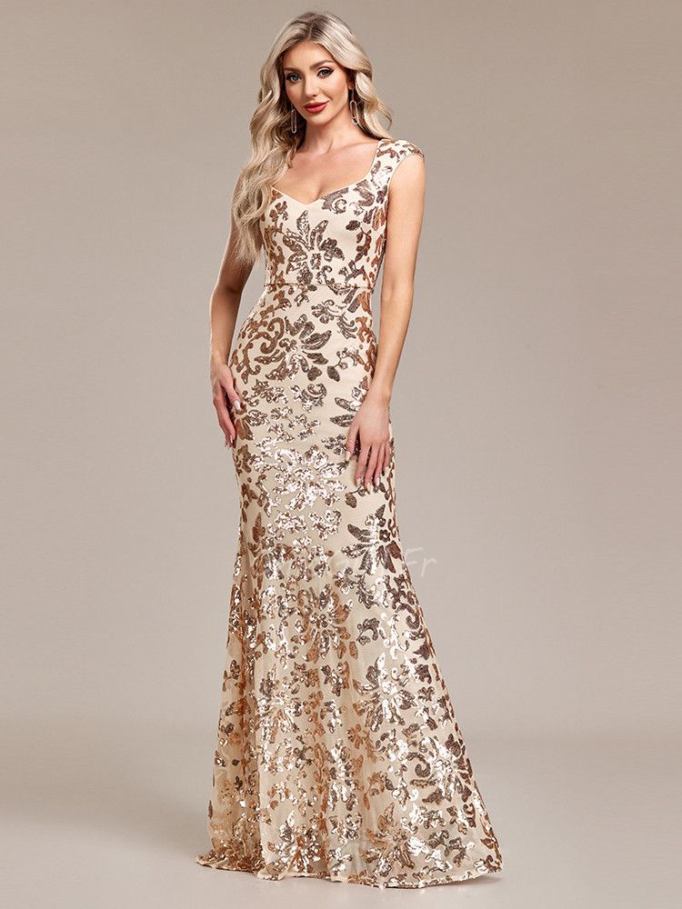 Glamour Robe de Soirée Moulante Longue Gold Dorée Brillante Epaule Couverte