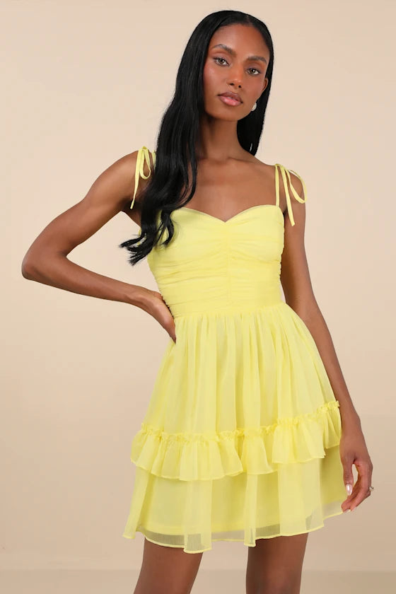 Angelic Approach Yellow Chiffon Ruffled Tie-Strap Mini Dress