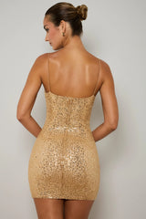 Embellished Bodycon Mini Dress in Gold