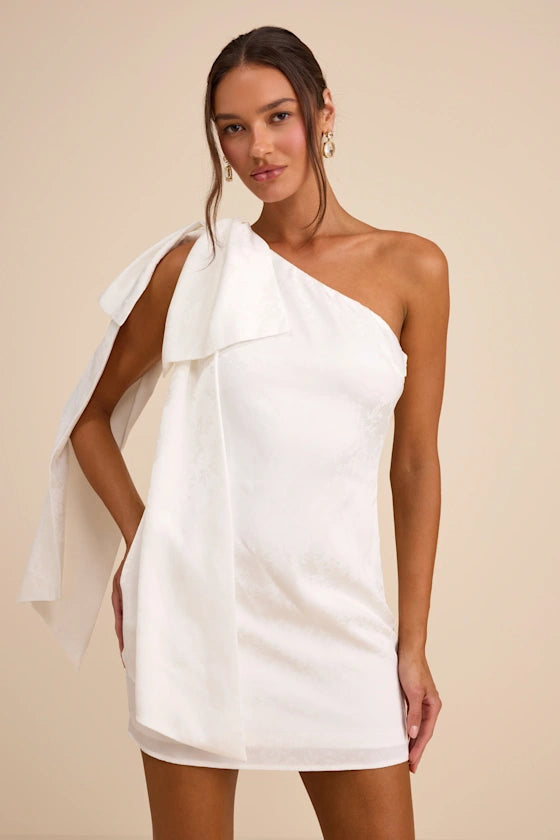 Jayda White Satin Jacquard One-Shoulder Sash Mini Dress