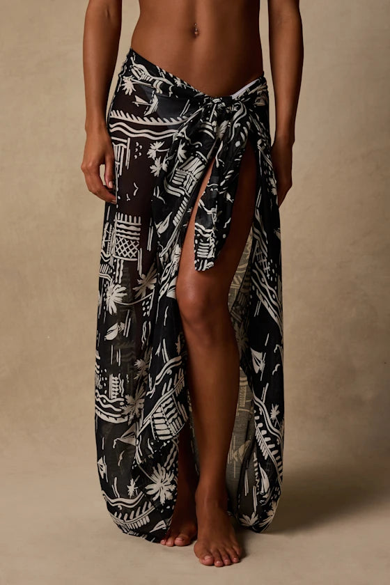 Sunset Coast Black Tropical Print Sarong Swim Cover-Up