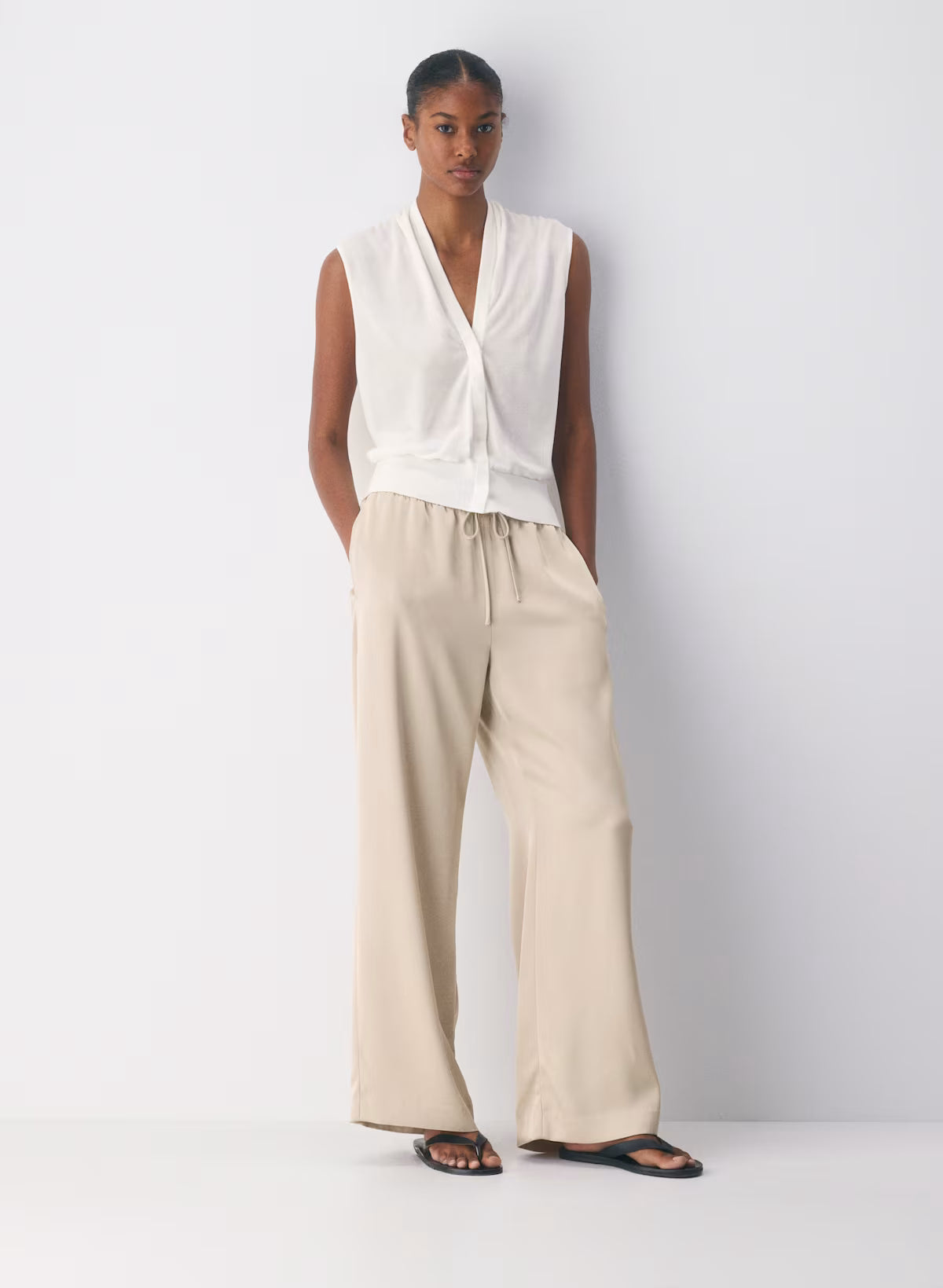 Japanese double satin relaxed wide-leg pull-on pants
