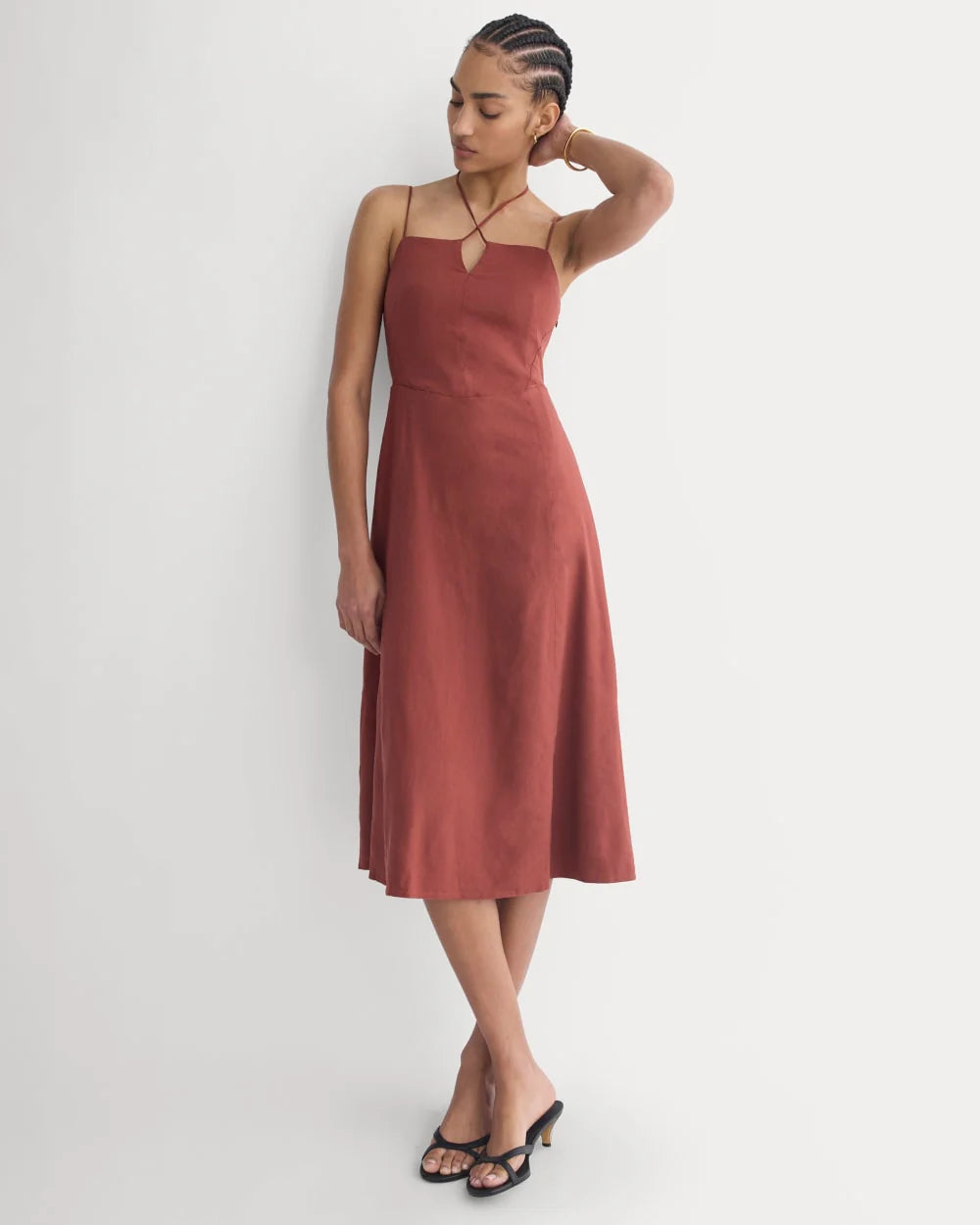 Tie-Neck Dress in Stretch Linen | Henna Red