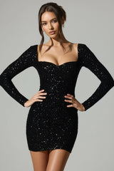 Embellished Sweetheart-Neck Mini Dress in Black