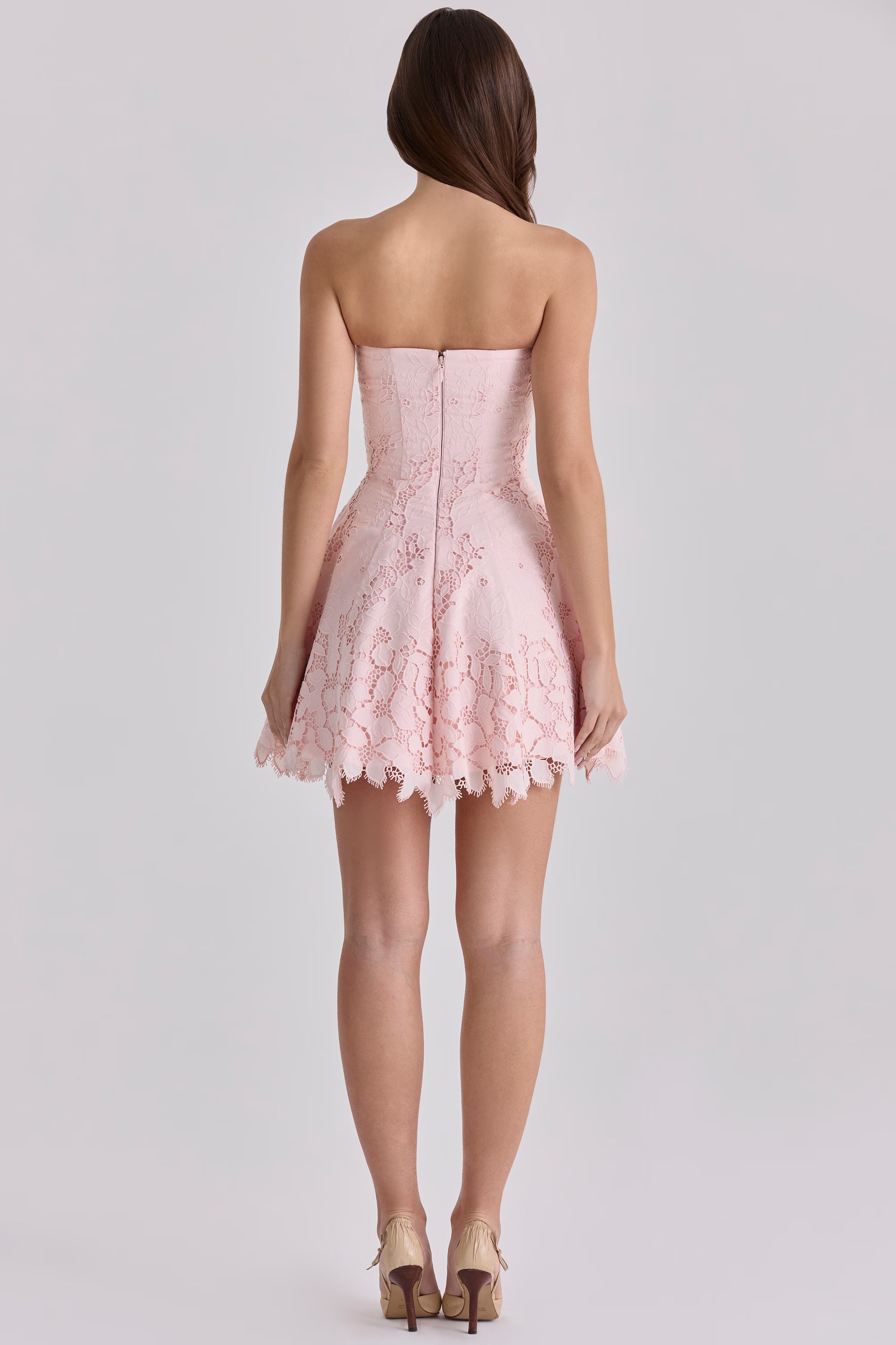 pink strapless cut out broderie anglaise mini dress