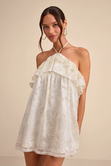 Erika Ivory Floral Burnout Halter Mini Dress