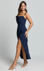 High Low Wrap Corset Dress in Navy