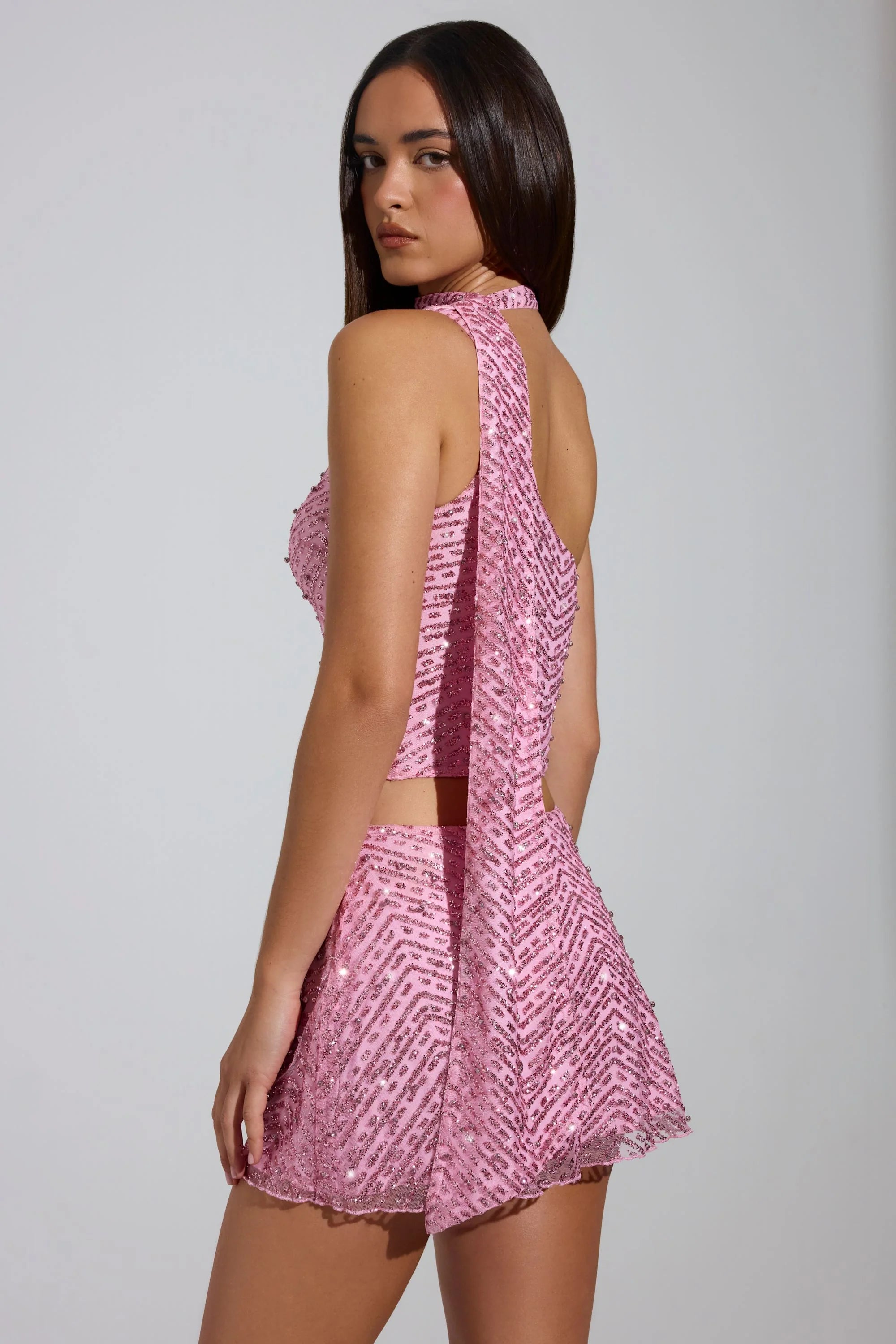 Embellished Low-Rise A-Line Micro Mini Skirt in Pink