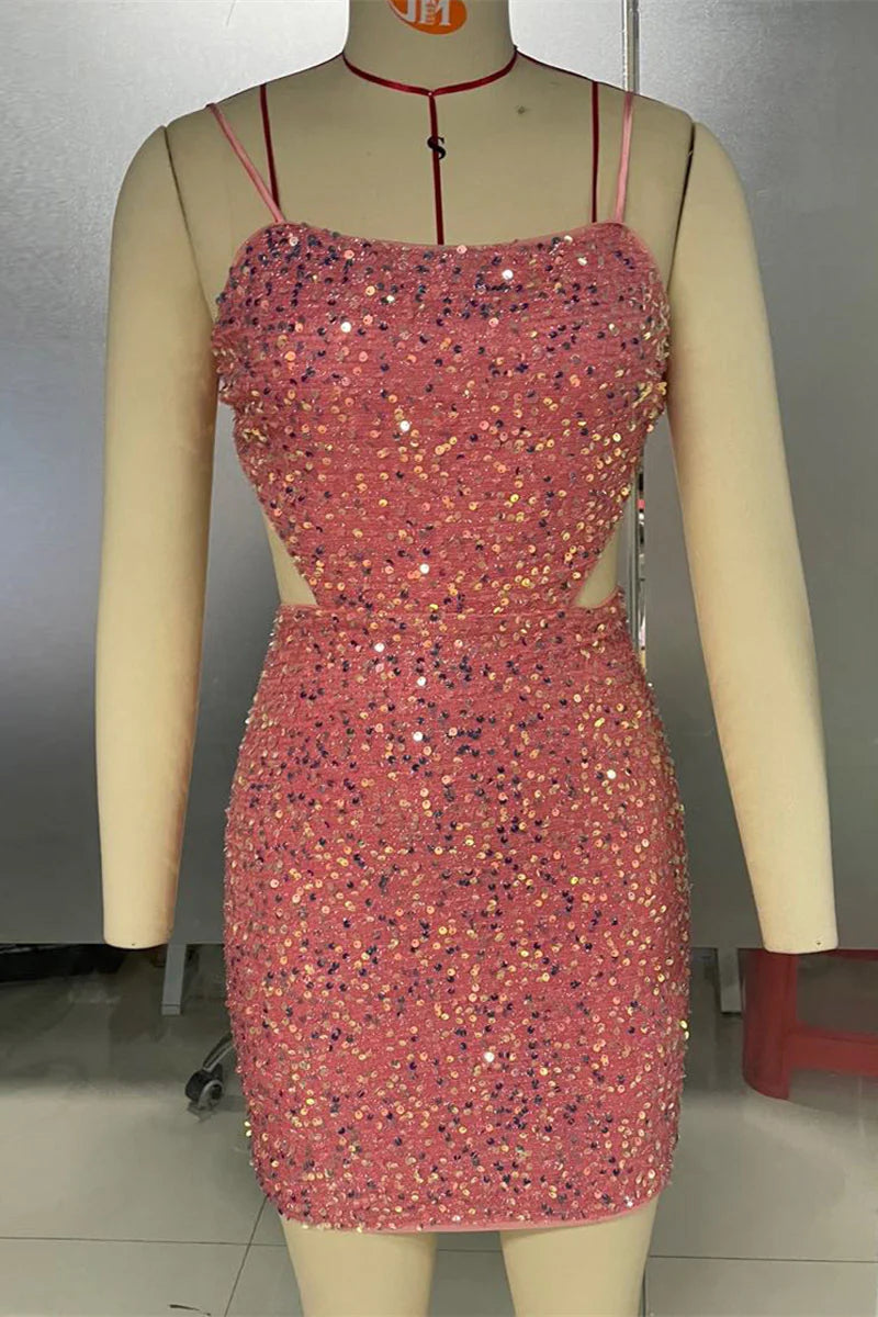 Black Lace-Up Sequins Backless Sheath Homecoming Dress