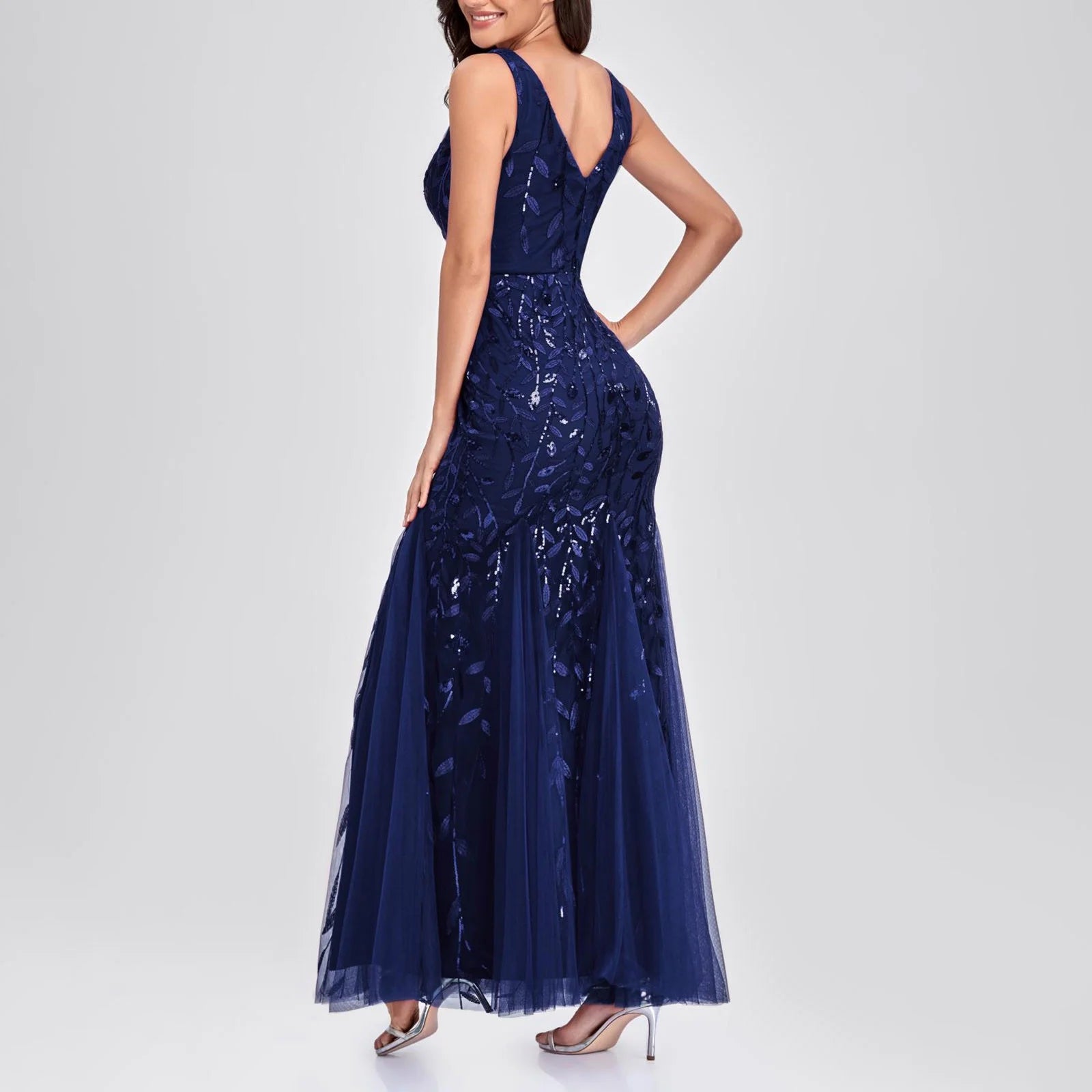 Long Ball Gowns for Women Sparkly Formal Chiffon Sequin Dress V Neck Prom Maxi Dress Bodycon Mermaid Evening Gowns