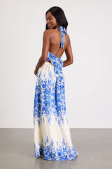 Leona Ivory and Blue Floral Halter Maxi Dress