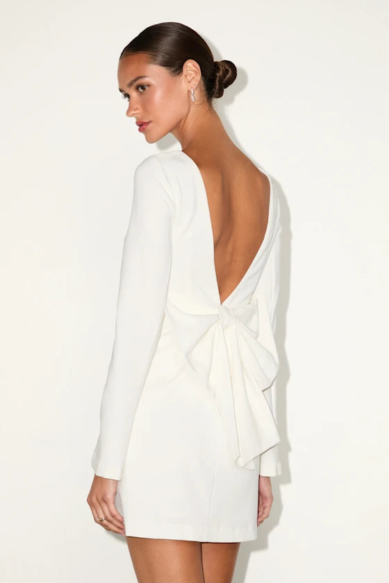 Elegant Cutie Ivory Bow Long Sleeve Backless Mini Dress
