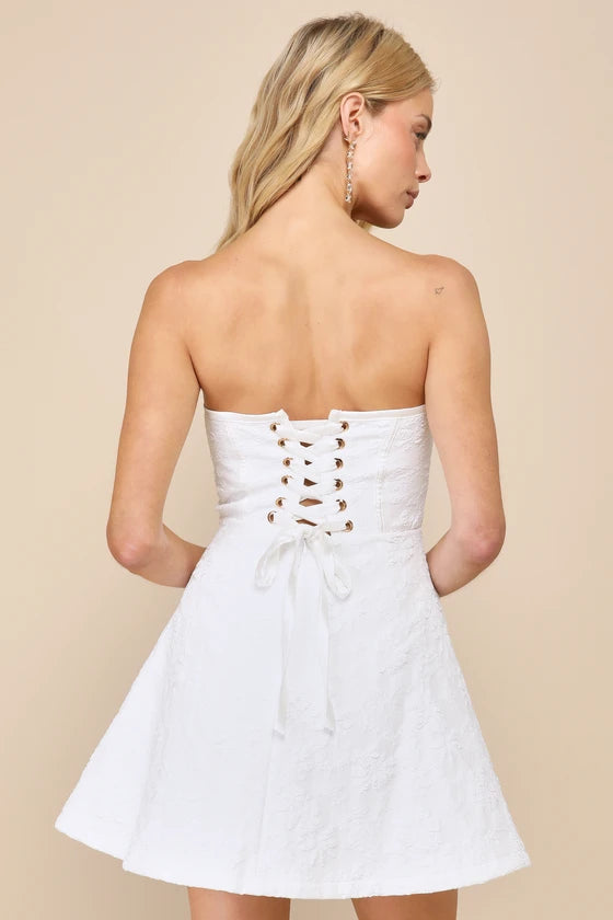 Most Adorable White Floral Jacquard Strapless Lace-Up Mini Dress